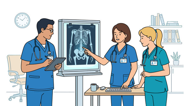 Medical Team Discussing X-ray Scan of Human Skeleton in Office