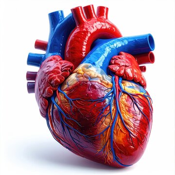 Vivid, anatomically correct human heart, red & blue vessels