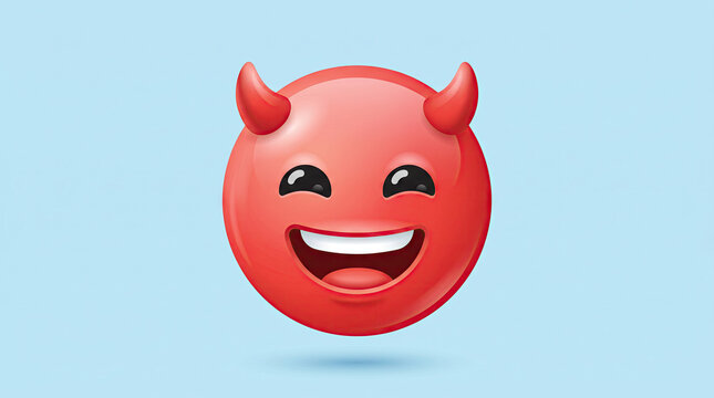 Red devil emoji icon set with horns and smiling face; 3d character illustration on pastel blue with copy space