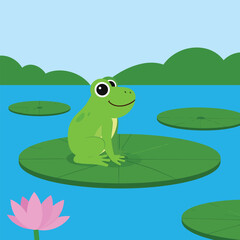 Naklejka premium Cute cartoon green frog character sitting on a leaf in the pond water, cheerful vector illustration of wild amphibian in nature