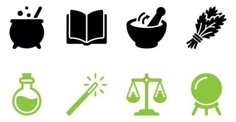 Set of magic and alchemy icons including potion cauldron spell book mortar pestle herb wand scale sphere Vector, illustration © Sumon Sorkar
