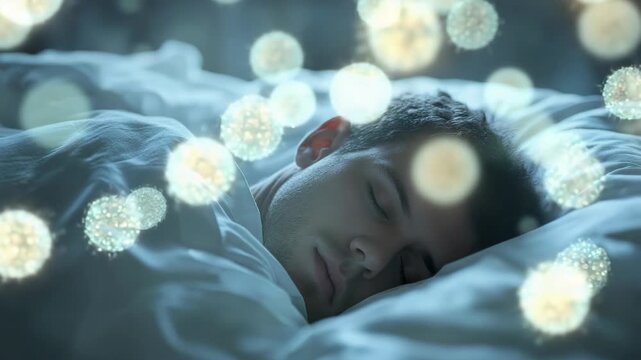 Sleeping man guy bed surrounded floating glowing particles representing germs bacteria and immune defense system illustrating vulnerability infection and natural protection during night rest at home