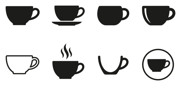 Minimalist teacup icon variations set, premium vector line art bundle for digital marketing, clean geometric horizontal teacups graphic designs for creative branding projects isolated on white