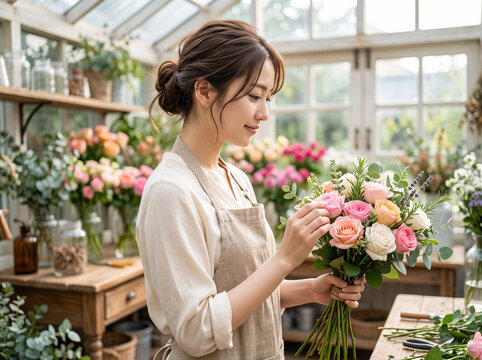 温室の作業台で色鮮やかなバラの花束を仕立てるエプロン姿の女性