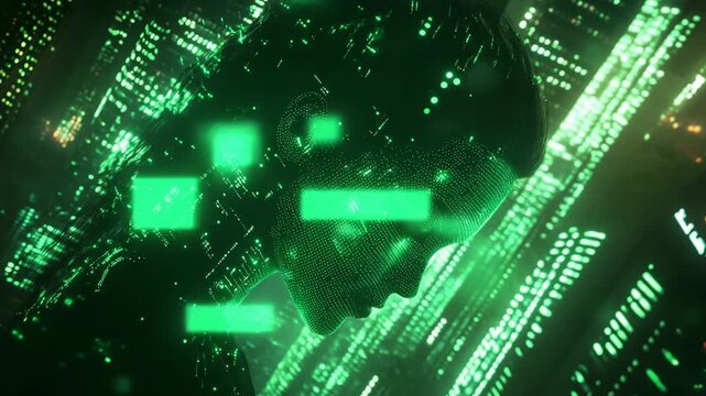 Futuristic AI human face with glowing green eyes surrounded by digital particles and data streams advanced artificial intelligence cyber technology visualization high tech futuristic environment