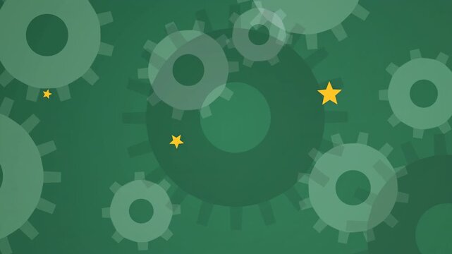 Abstract background animation of rotating green gears and small yellow stars in a seamless loop.