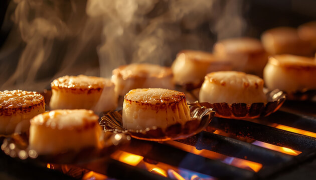 Seared scallops cooking on a grill. Fresh seafood roasting over open flames.