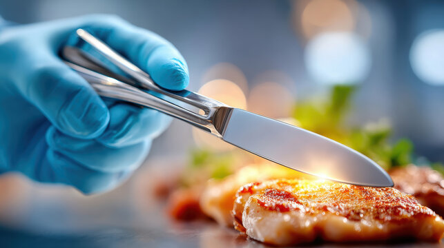 Chef precision slicing seared chicken with a scalpel-style blade held by gloved hand for culinary technique tutorials, food styling, kitchen training and hygiene demonstration