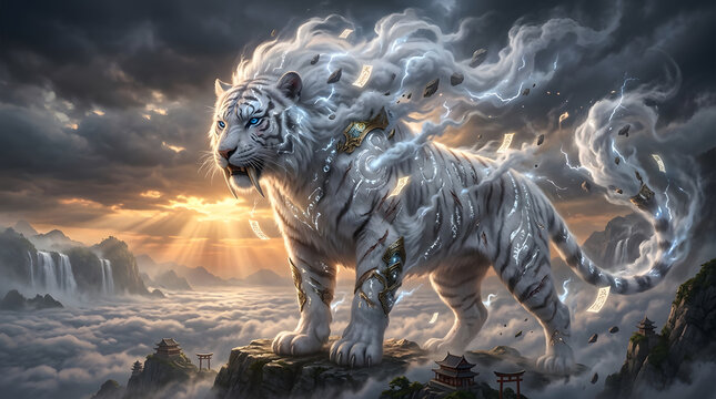 Mystical White Tiger God: A majestic white tiger, imbued with spiritual energy, stands sentinel on a mountain peak shrouded in mist, with dramatic sunbeams breaking through the clouds.