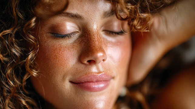 Close-up of a relaxed woman with closed eyes and freckled skin conveying sleep relaxation and wellness, ideal for mindfulness, skincare routine articles, sleep health and selfcare content