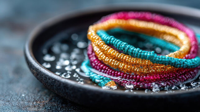 Close-up colorful seed bead bracelets coiled on a glossy black dish for jewelry display, product catalog, craft tutorial, retail styling and handmade accessory promotion