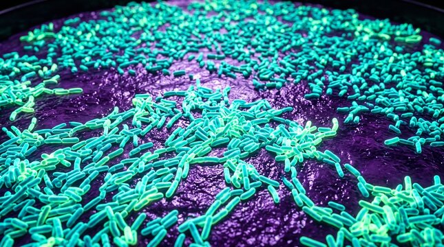 Glowing green rod-shaped bacteria multiplying on a dark purple surface, symbolizing infectious disease outbreak, microbial infection, and biological pathogen contamination.