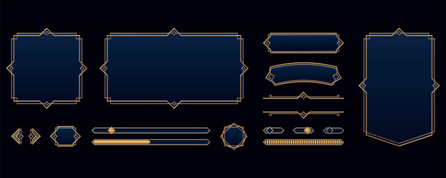 Elegant art deco gold frames and UI elements set for luxury game design or wedding invitations.