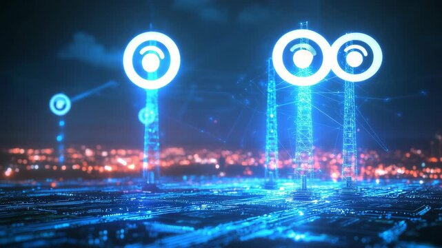 Futuristic urban communication network with three cellular towers digital signal lines glowing data grid 5G telecom infrastructure wireless internet technology smart city connectivity concept scene