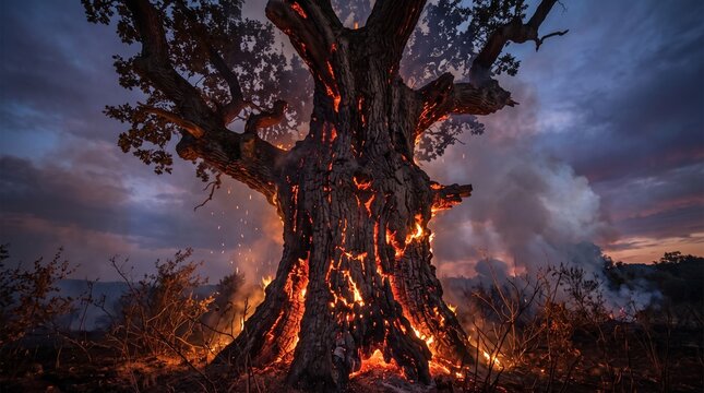 Burning ancient oak tree glowing with internal fire during a destructive wildfire, smoky atmosphere under a dramatic twilight sky, climate change devastation.