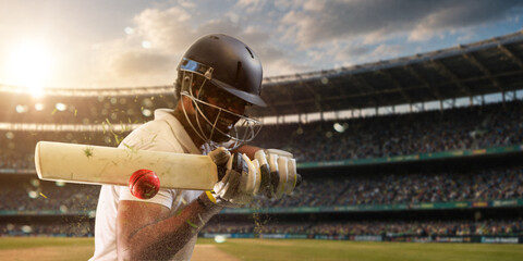 Obraz premium Cricket batter hitting red ball with horizontal bat in packed stadium during evening match. Concept of powerful batting, tournament excitement, sports branding, sponsorship and advertising campaigns.