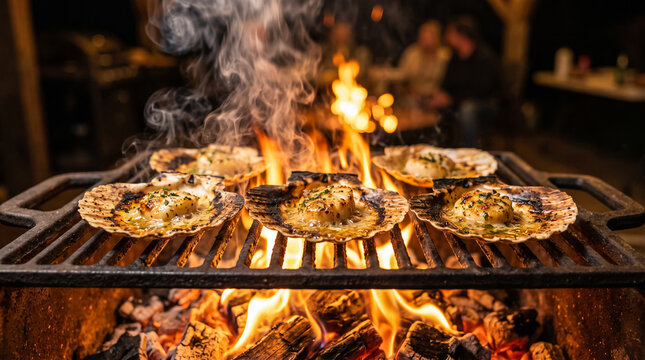 Scallops grilling on fire. Fresh seafood cooking on a hot charcoal barbecue.