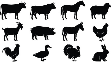 Obraz premium Farm animals silhouette vector set, cow, horse, pig, goat, sheep, domestic livestock 