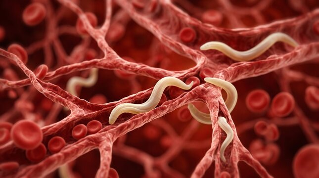 Microscopic illustration of parasitic worms crawling through blood vessels and red blood cells, representing severe internal infection and disease.