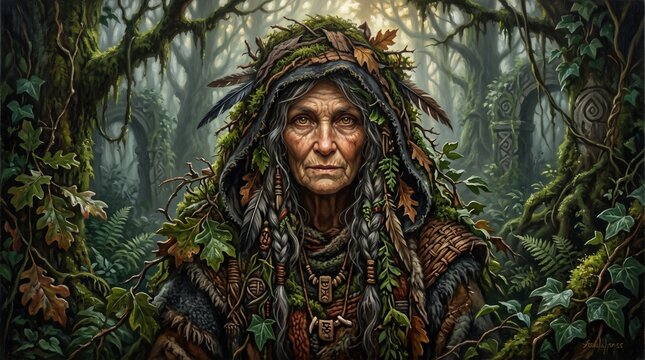 Ancient forest druid crone with a moss-covered hood stands in an overgrown, ruined woodland, representing nature's resilience and survival after devastation.