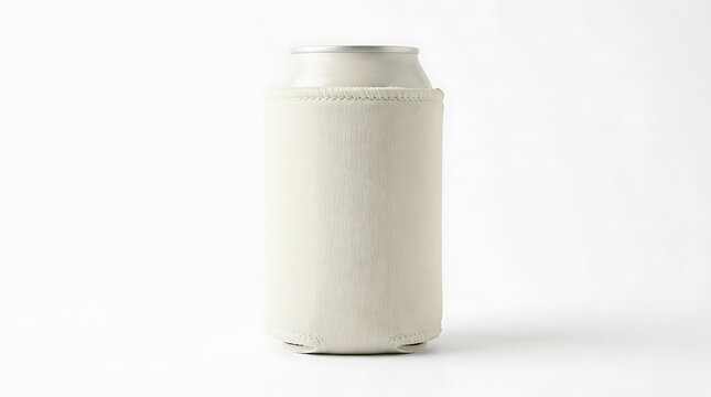 Blank beige beverage can cooler sleeve on a metal drink can. koozie mockup