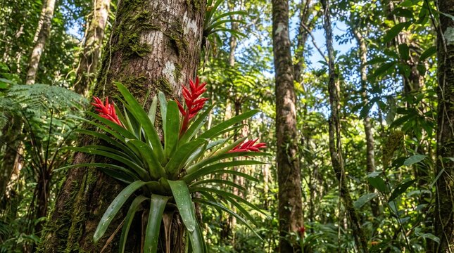 Dense rainforest scene with mossy trees and large bromeliad plant featuring long green leaves and bright red flowers, symbolizing biodiversity and tropical vibrancy.
