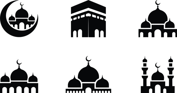 Black and white icons of kaaba mosques and crescent moon for islamic holidays and architecture with religion crescent architecture collection building traditional isolated illustration