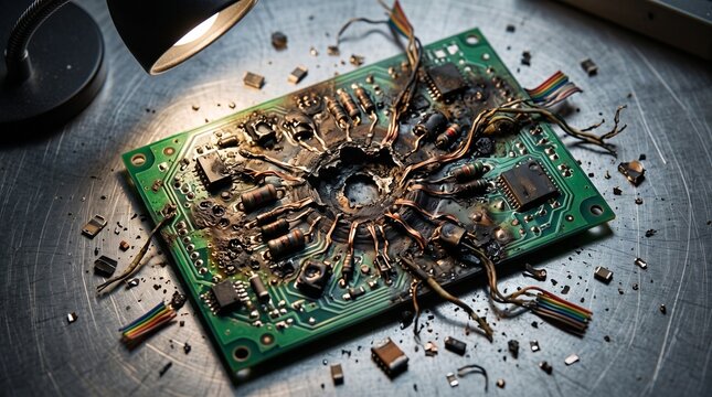 Burnt and destroyed circuit board with a blown-out hole, melted electronics, charred components, and scattered debris on a workshop table under a lamp.