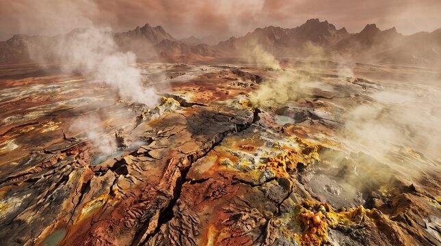 Volcanic landscape with cracked earth venting steam and yellow sulfur, depicting a desolate, hostile environment or devastated alien planet.