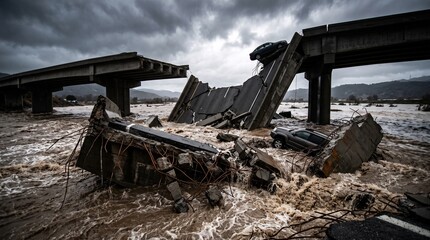 Fototapeta premium Collapsed concrete bridge destroyed by violent flood waters with trapped cars, showing natural disaster damage and infrastructure failure.