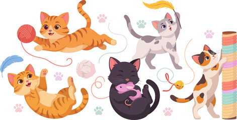 Fototapeta premium Playful Cats Illustration with Yarn Ball, Feather Toy, Mouse Toy, and Paw Prints for Cute Pet and Nursery Designs