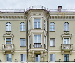 Obraz premium Soviet neoclassicism building facade with bay window in Minsk, Belarus. Stalinist architecture.