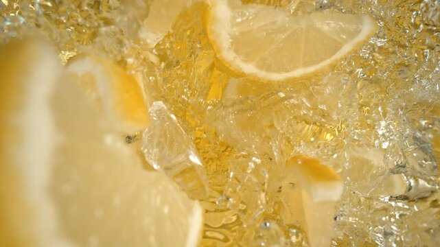 Super Slow Motion Shot of Fresh Lemon Slices Falling into Lemonade at 1000fps.