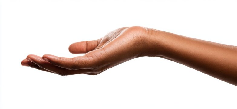 Open palm hand gesture of person against white background with reaching gesturing offering receiving background isolated communication expression extended invitation kindness presenting