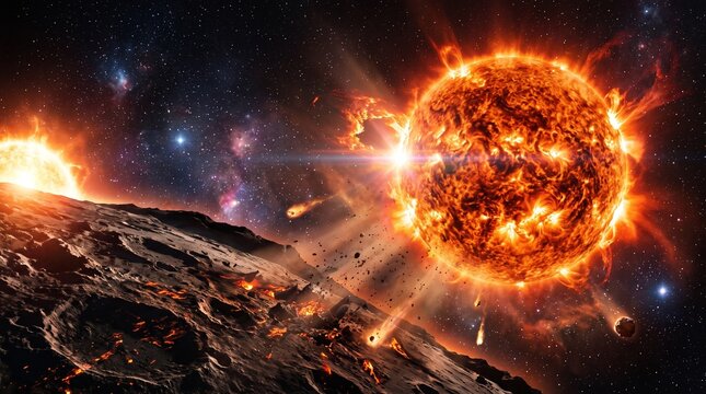 Devastating cosmic cataclysm showing a massive exploding sun scorching a barren rocky planet, solar flares and asteroid impact in deep space.