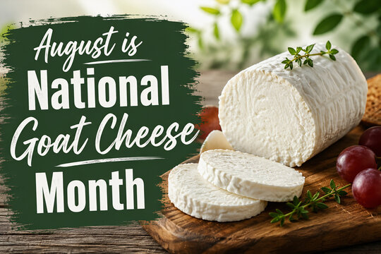 August is National Goat Cheese Month Celebration Featuring Fresh Chevre on a Wooden Board