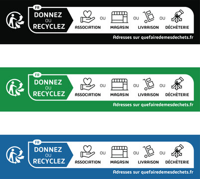 Donate or recycle horizontal banner triman set with website link showing association, store, delivery, and recycling center options for French packaging waste sorting compliance signage
