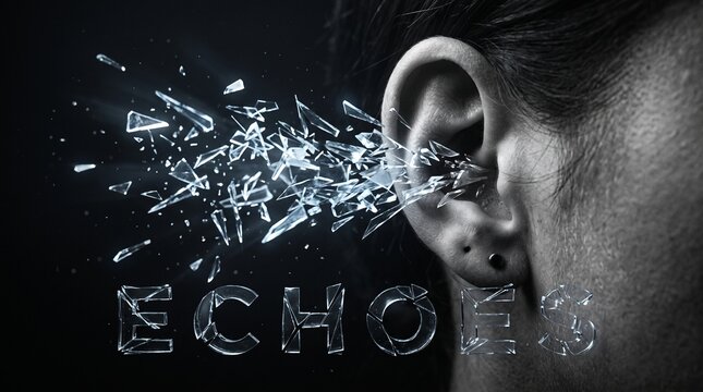 Shattered glass exploding from a human ear with the word ECHOES, representing tinnitus, hearing loss, loud noise trauma, sensory overload, and psychological distress.