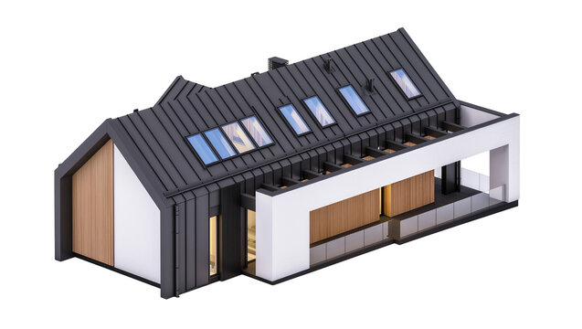 Isolated modern house with dark metal roof, wood accents, and sleek minimalist architecture.