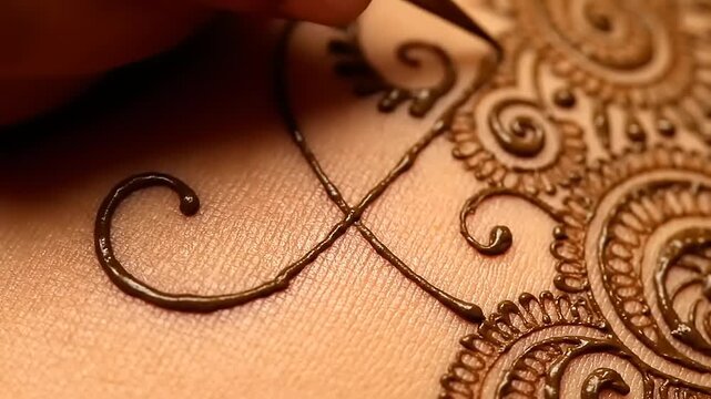 Close-up of intricate henna mehndi design being applied to skin, showcasing traditional cultural patterns and artistic detail for ceremonies
