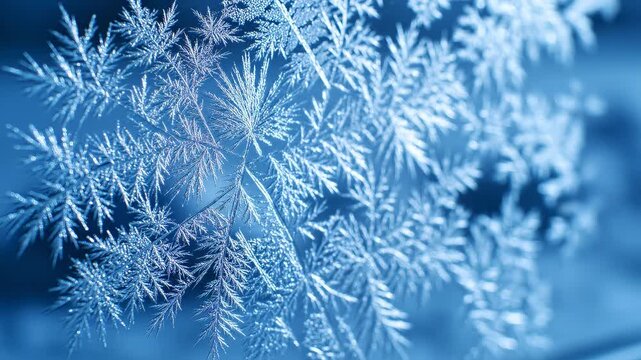 Time-lapse of frost crystals growing on a frozen window. Winter background.