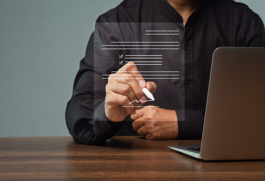 Person signing digital document on virtual interface