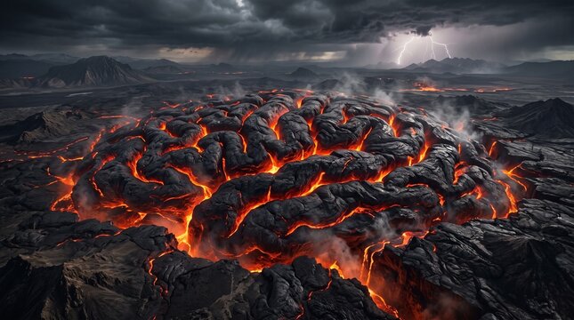 Burning volcanic lava forming a human brain under stormy lightning skies, representing severe migraine pain, neurological inflammation, mental health burnout, and stress.