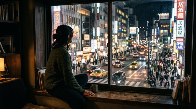 Lonely woman sitting on window sill looking at bustling neon Tokyo street at night, experiencing urban isolation, mental health struggles, depression, and solitude.