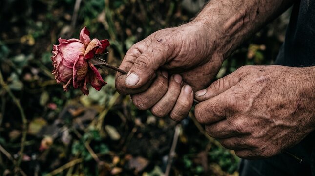 Rough, calloused hands holding a wilted pink rose, symbolizing fragility, physical decline, aging, illness, grief, and the struggle of loss or mental health despair.