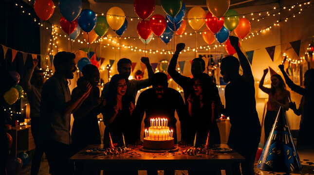 Friends celebrating a birthday party. People dancing with balloons and lights