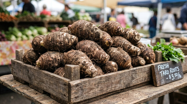 Fresh Taro Roots in Wooden Crate, Organic Vegetables at Outdoor Market, Healthy Starch Food, Natural Produce
