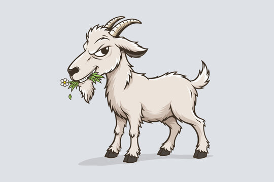 Cute Goat Eating Grass Vector Illustration. Playful Goat Cartoon Animal Artwork