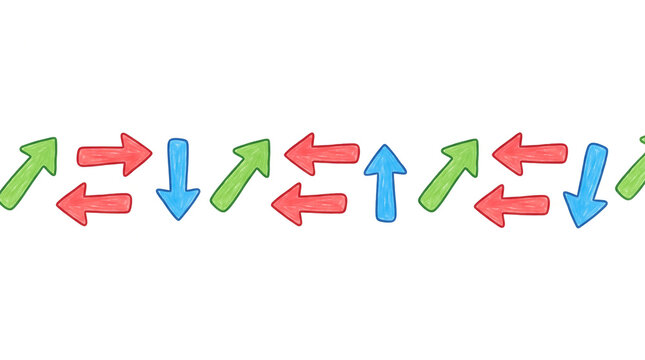 Hand drawn colorful arrows. Sketch style direction signs on white background