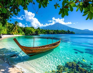Obraz premium Tropical Paradise Beach with Traditional Wooden Boat and Volcano Mountain